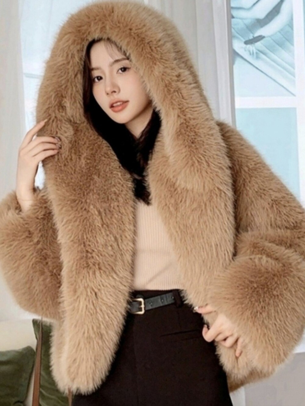 Laseti Faux Fur Coat - Camel Brown Jacket